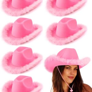 Tarpop 6 Pack Cowboy Hat Boa Cowgirl Hat Felt Cowboy Hat with Feather for Women Girl Western Party Costume Accessories(Pink)