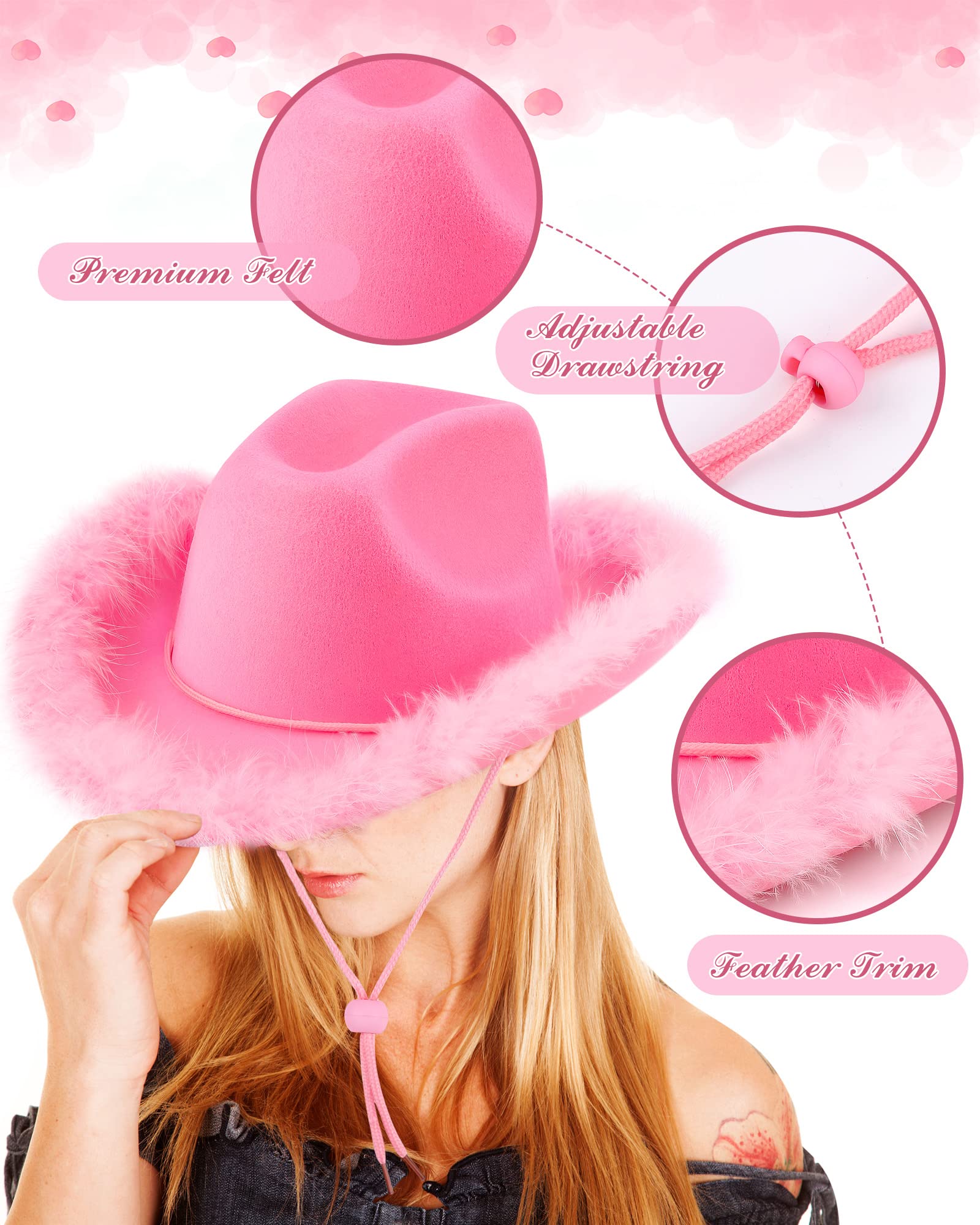 Tarpop 12pcs Cowgirl Hat Bulk with Feather Boa Cowgirl Hat for Women Wedding Bachelorette Party Costume Accessory(Pink)