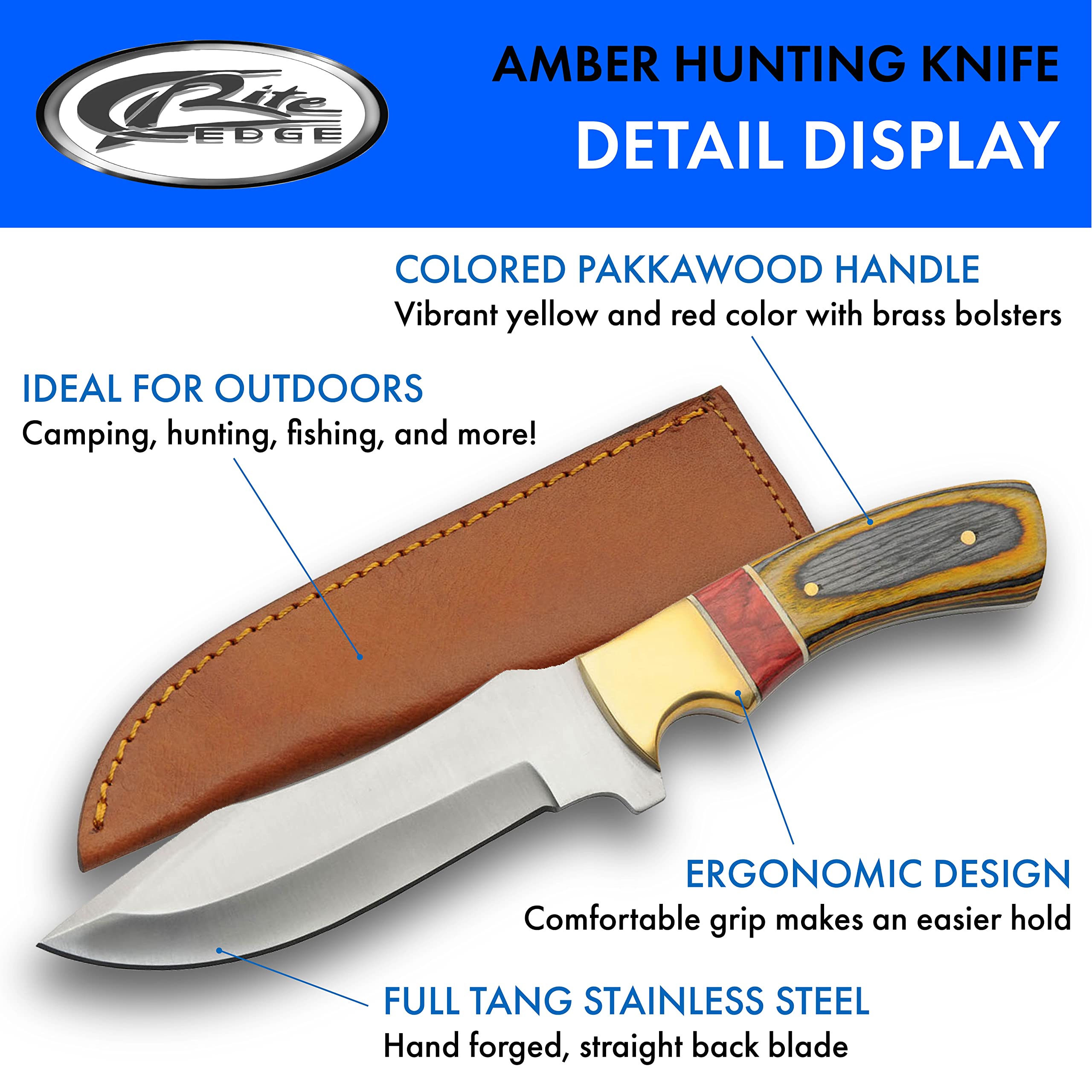 SZCO Supplies 9.5” Red Amber Wood/Brass Handled Outdoor Upsweep Hunting Knife With Sheath,203449-AM