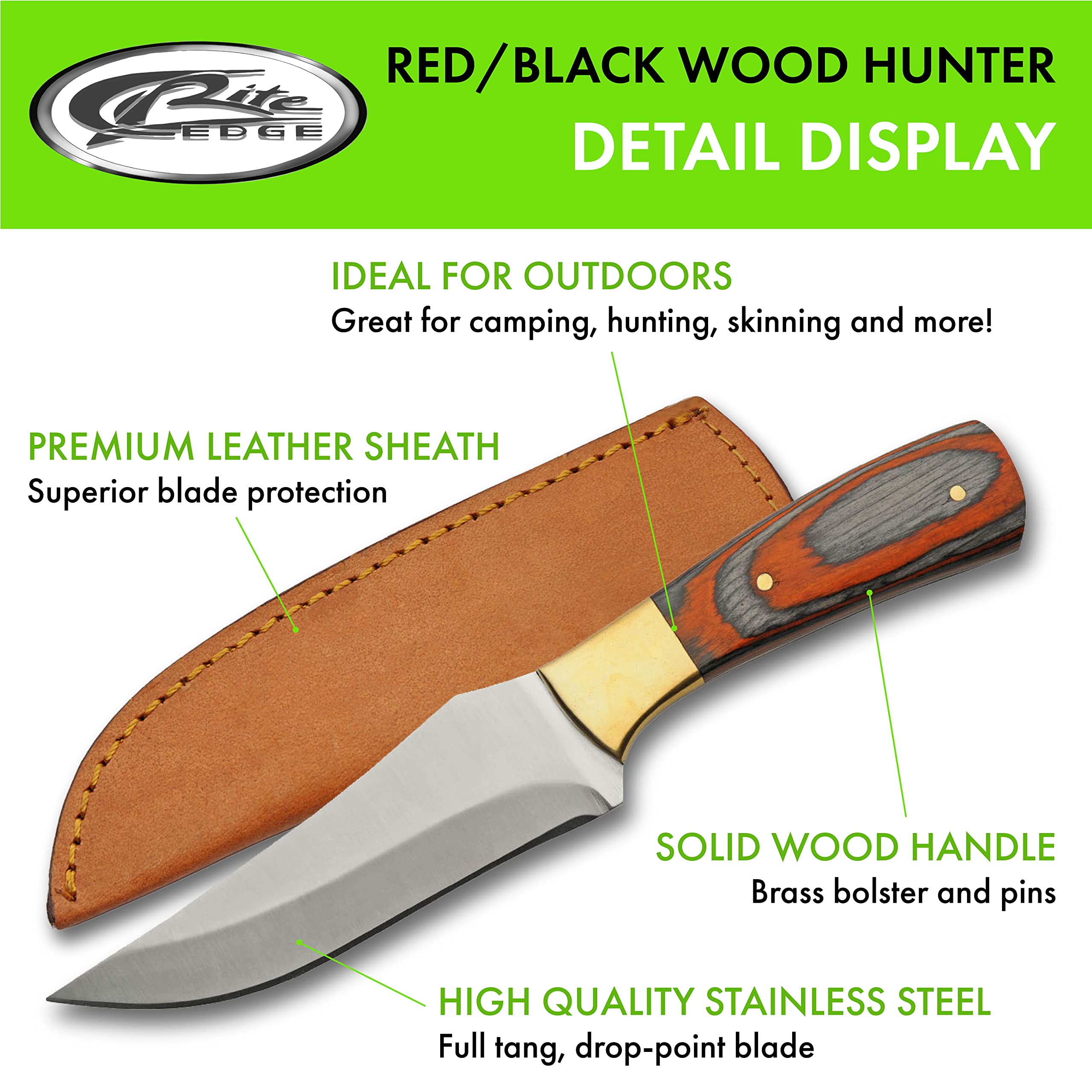 SZCO Supplies 8.5” Red/Black Cardinal Wood Handled Outdoor Hunting Knife With Leather Sheath