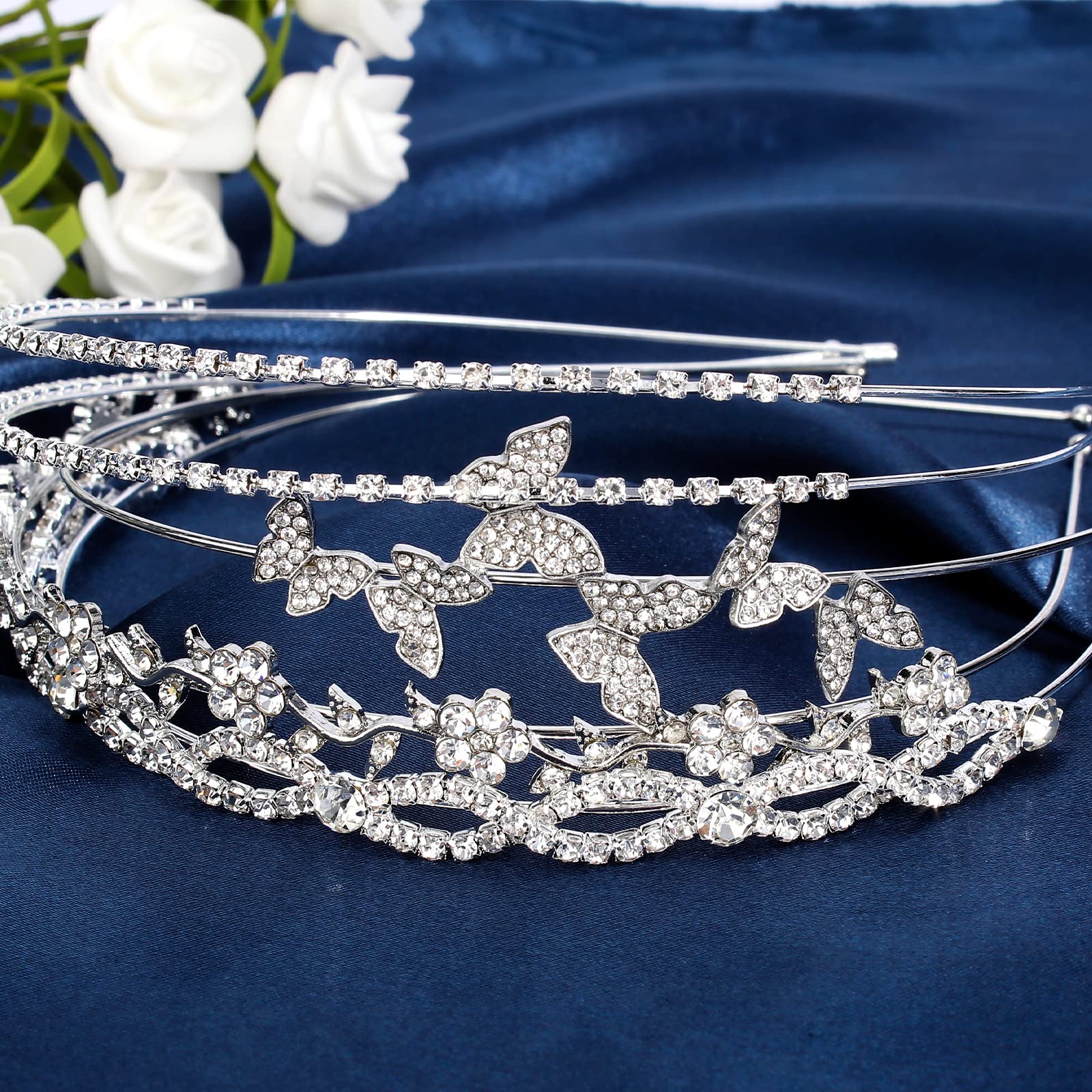 Wecoe 4 Pack Silver Rhinestone Headband Flower Girl Bridal Wedding Headband Crystal Headpiece Flower Leaf Butterfly Metal Headband Little Girls Kids Crown Tiara Hair Accessories For Women Girls Gifts