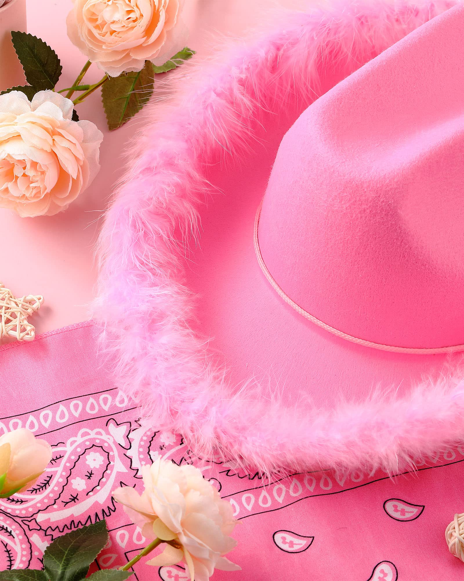 Tarpop 6 Pack Cowboy Hat Boa Cowgirl Hat Felt Cowboy Hat with Feather for Women Girl Western Party Costume Accessories(Pink)