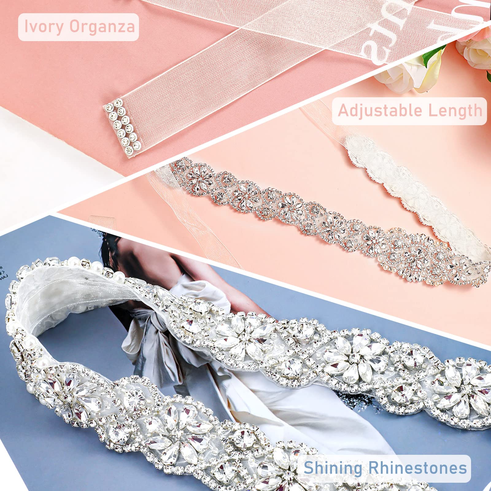 Geyoga Bridal Belt Wedding Dress Belt Rhinestone Wedding Sash for Bride Dress Gowns Crystal Belt with White Organza (Charming Style)