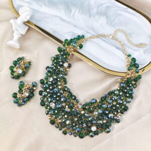 Bocar Fashion Crystal Chunky Collar Statement Necklace Earring Set for Women Gift (NK-10260-Green)