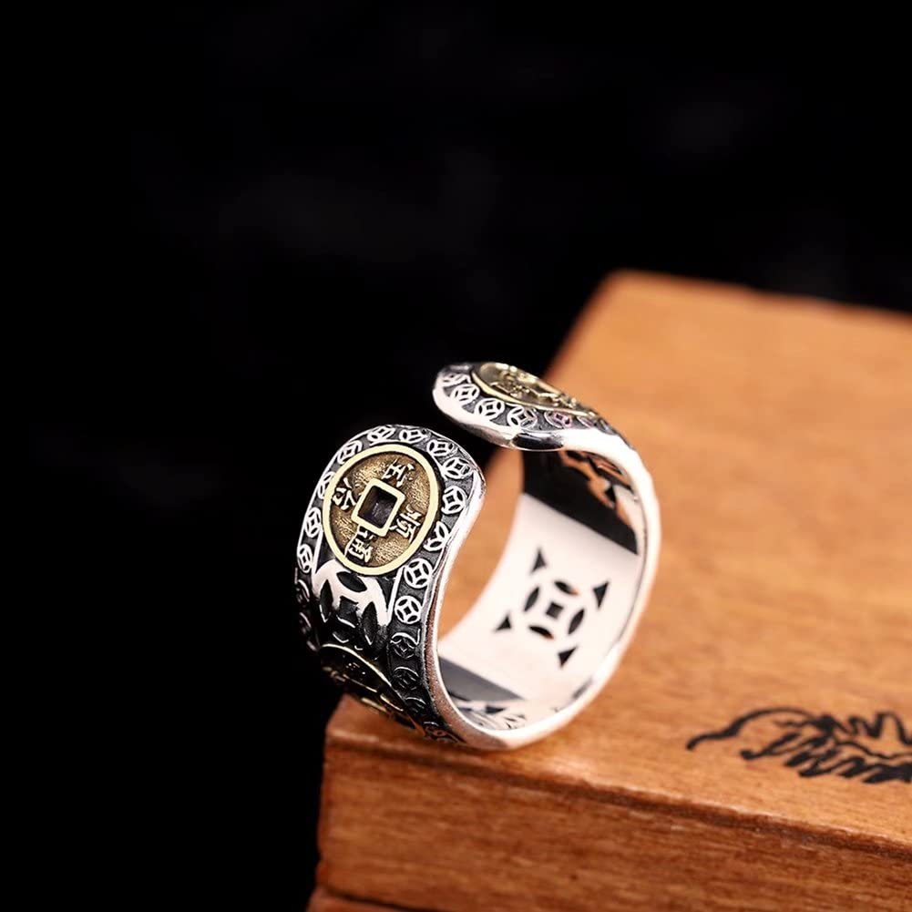 JUNTEN Feng Shui Coin Rings 925 Sterling Silver Lucky Wealth Money Ring Band for Men Women for Attracting Fortune Success