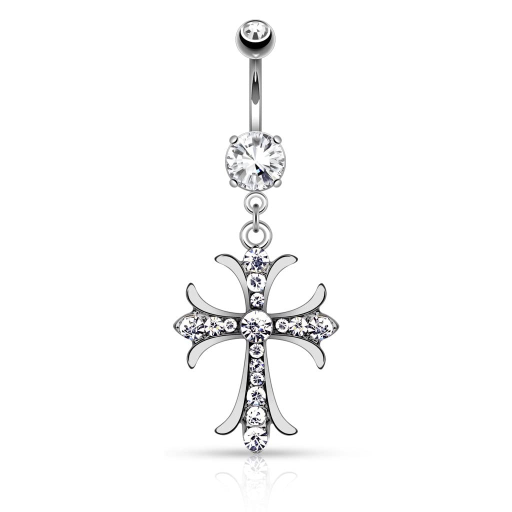 Body Accentz Belly Button Ring Celtic Cross with Paved Gems Dangle Navel Ring