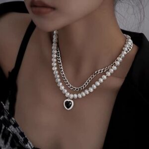 Women Y2K Aesthetic Heart Charm Faux Pearl Layered Chain Necklace Gothic Choker Necklace Jewelry Punk Y2k Fashion Outfit Retro Fairy Grunge Accessories, Black Heart, One Size