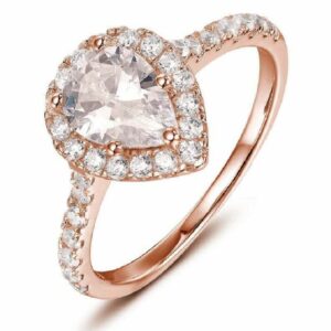 PVN Jewels Pear Shaped Created Morganite CZ Halo Engagement Promise Ring 14K Rose Gold Plated 925 Silver 9