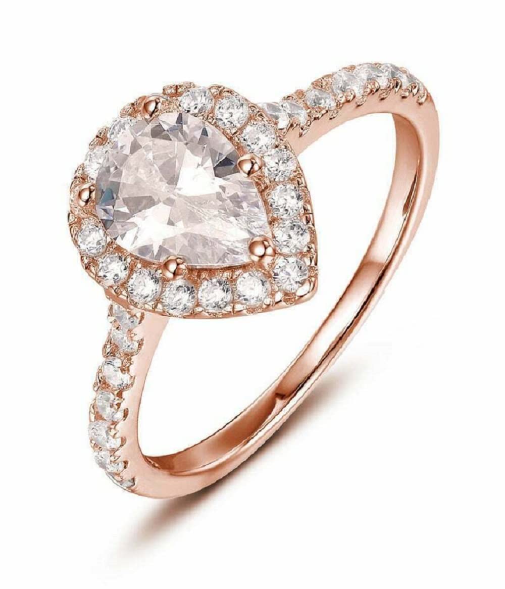 PVN Jewels Pear Shaped Created Morganite CZ Halo Engagement Promise Ring 14K Rose Gold Plated 925 Silver 9