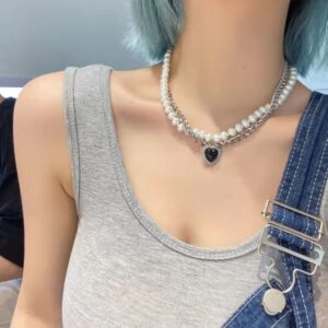 Women Y2K Aesthetic Heart Charm Faux Pearl Layered Chain Necklace Gothic Choker Necklace Jewelry Punk Y2k Fashion Outfit Retro Fairy Grunge Accessories, Black Heart, One Size