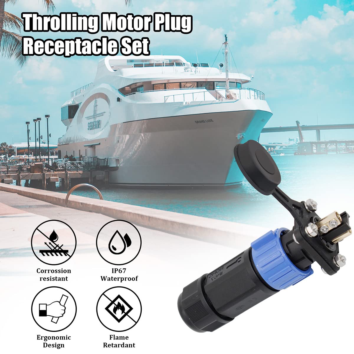 Trolling Motor Plug Receptacle Set for Marine Boat, Waterproof 12/24/36/48 Volt Trolling Motor Connector Kit for Down Rigger, Fishing Reel, DC Power, Trolling Motor Accessories