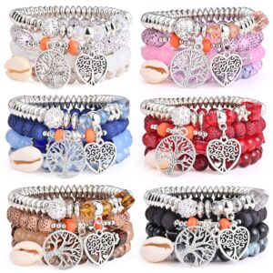 bohemian bracelet sets for women - 6 sets stackable stretch bracelets multi-color boho jewelry for women hippie bracelets dainty jewelry best friend gift (tree of life bead bracelets)