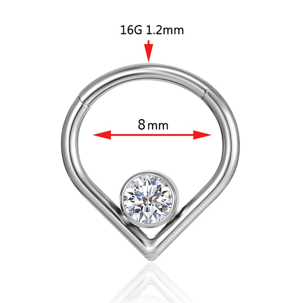 BCBODYG23 Piercing Heart-shaped Nose Ring Titanium Daith Earring Hoop Solid G23 Cartilage Tragus Helix Rings 16G (8mm, No Synthetic Zirconia)