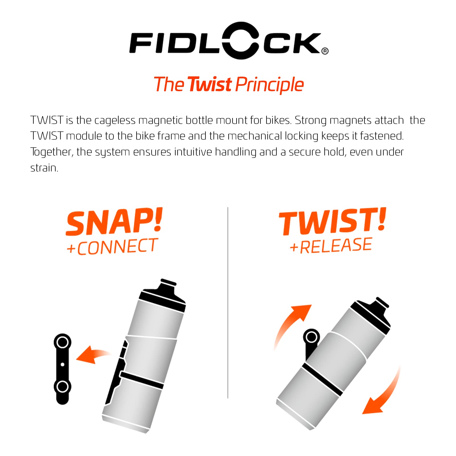 FIDLOCK Twist Bottle 800 & Bike Base Set - New Leak-Proof, Self-Sealing Bottle Cap - Bike Water Bottle Holder with No Screws & Attached Bottle - Cage Free Magnetic Rack - Black