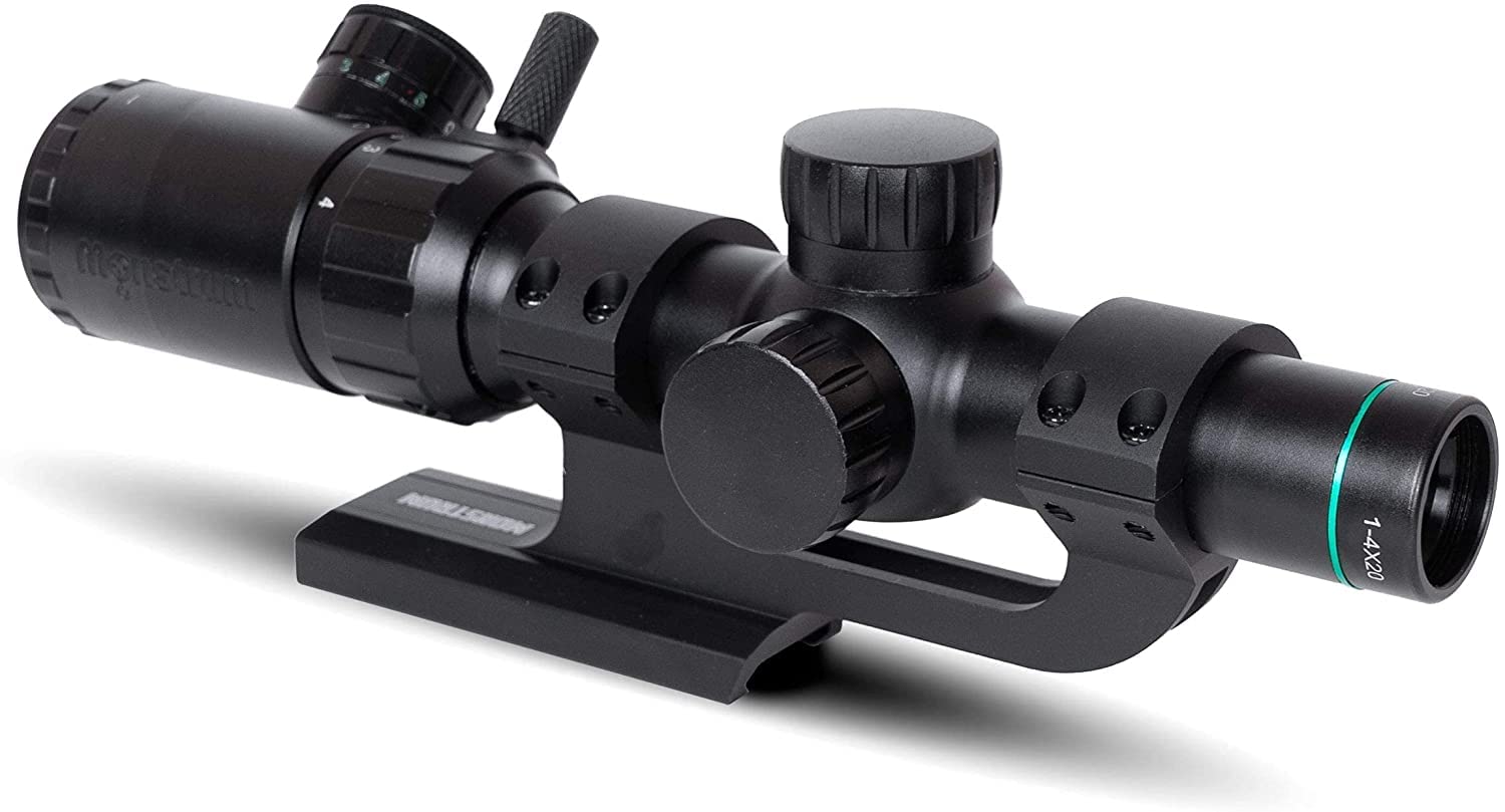 Monstrum 1-4x20 Rifle Scope with Rangefinder Reticle | ZR251 Slim Profile Series Offset Scope Mount | Bundle