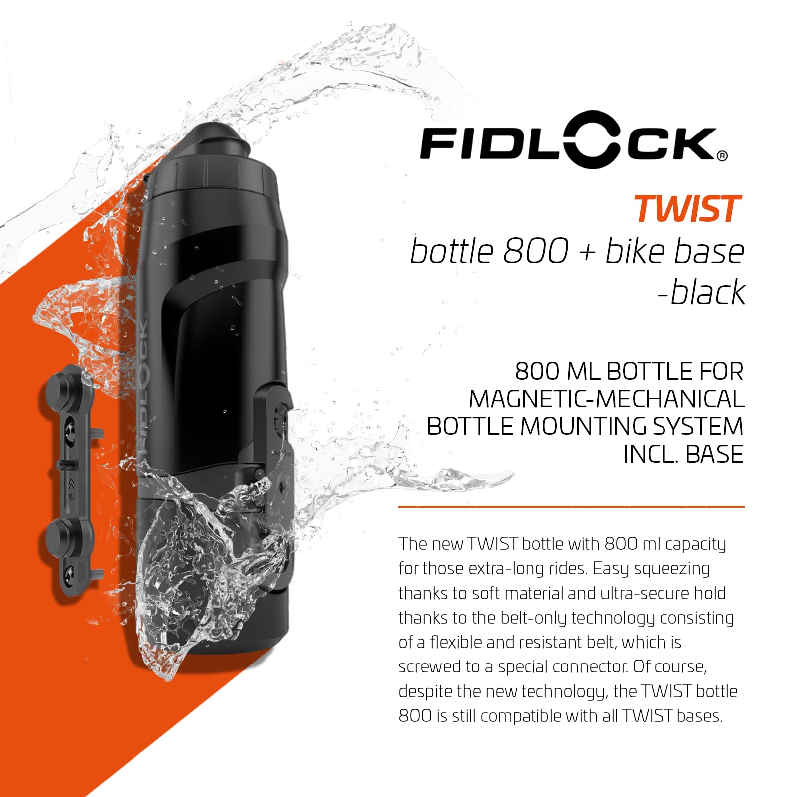 FIDLOCK Twist Bottle 800 & Bike Base Set - New Leak-Proof, Self-Sealing Bottle Cap - Bike Water Bottle Holder with No Screws & Attached Bottle - Cage Free Magnetic Rack - Black