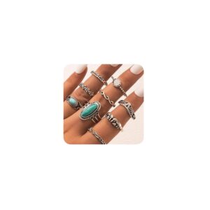 Octwine 9Pcs Bohemian Statement Knuckle Silver Rings Set Turquoise Finger Ring Elephant Midi Vintage Rings Punk Leaf Ring for Women