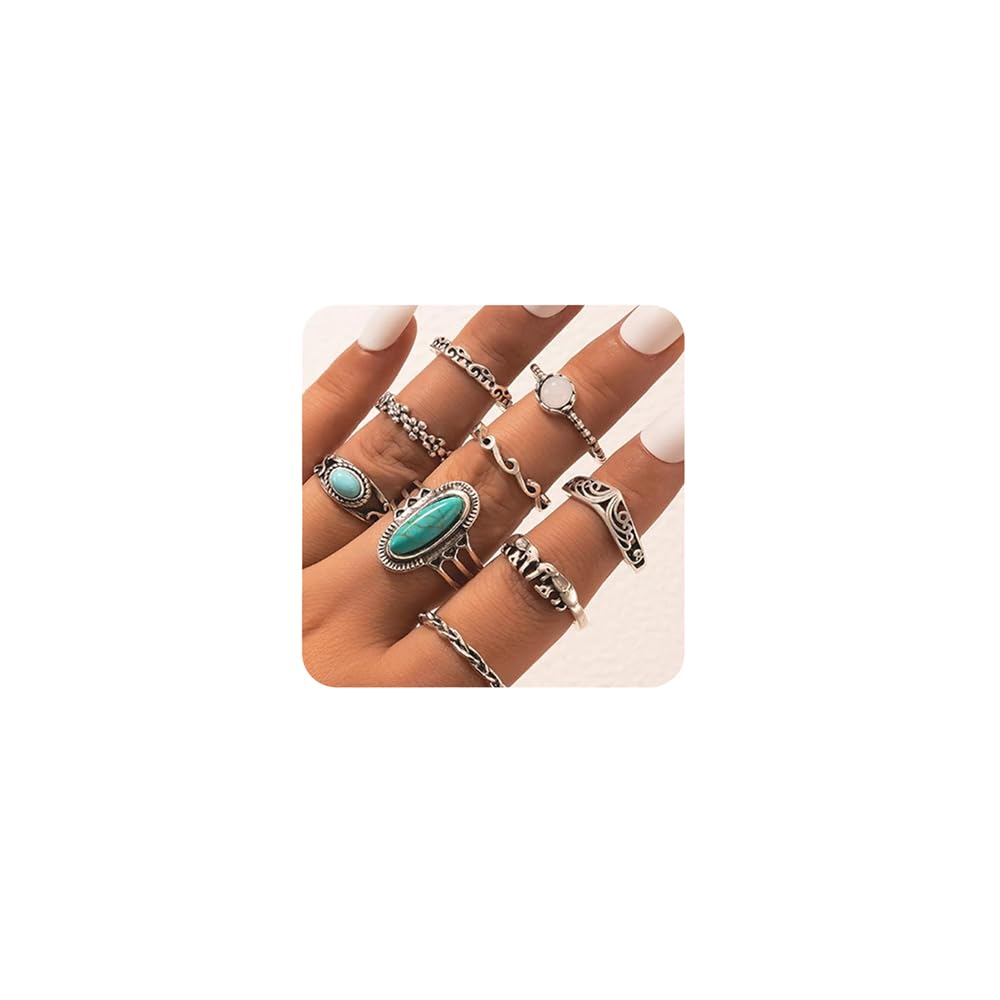 Octwine 9Pcs Bohemian Statement Knuckle Silver Rings Set Turquoise Finger Ring Elephant Midi Vintage Rings Punk Leaf Ring for Women