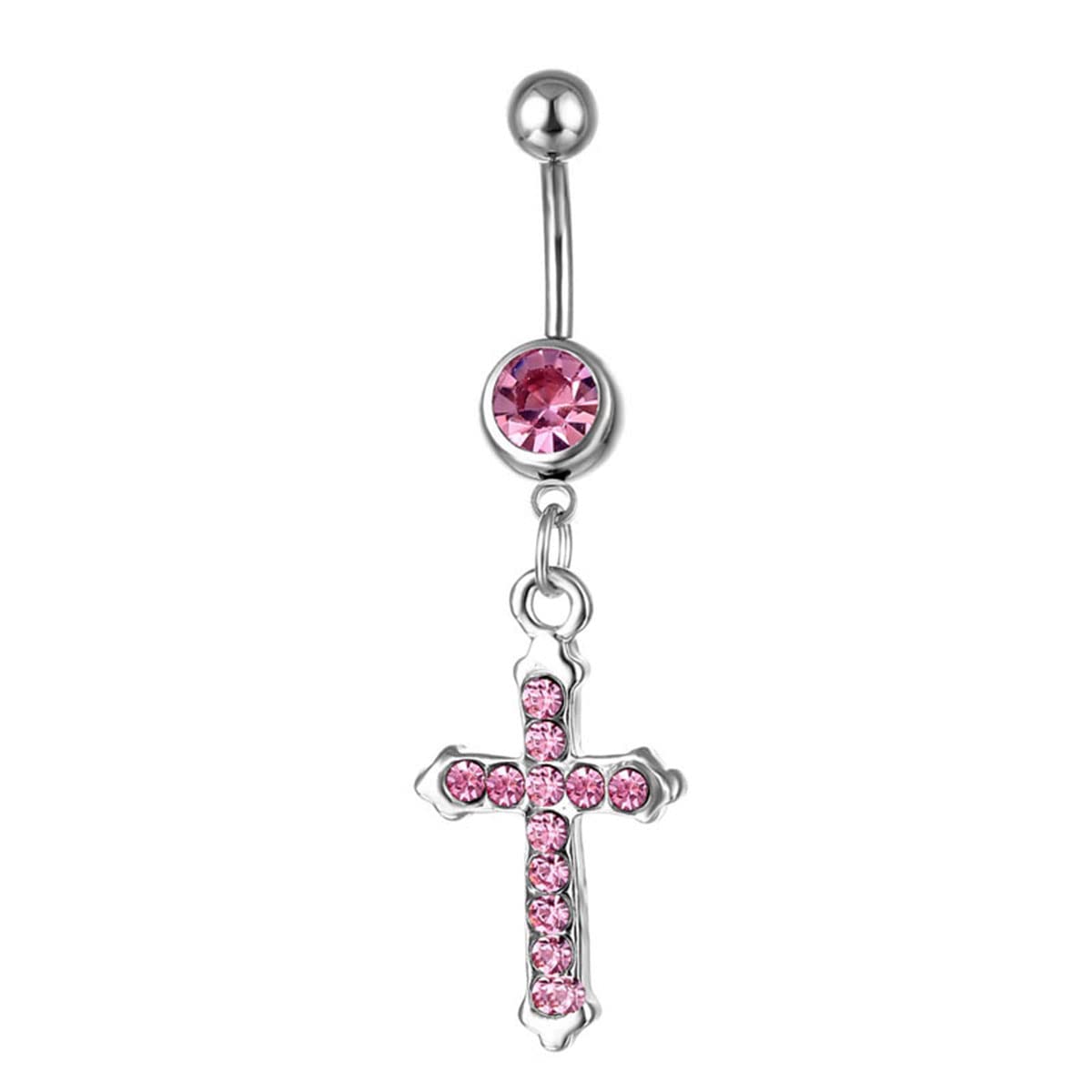 MIFYNN Crystal Cross Belly Button Ring For Women Rhinestone Cross Pendant Stainless Steel Belly Button Ring Body Piercing Jewelry (Pink)