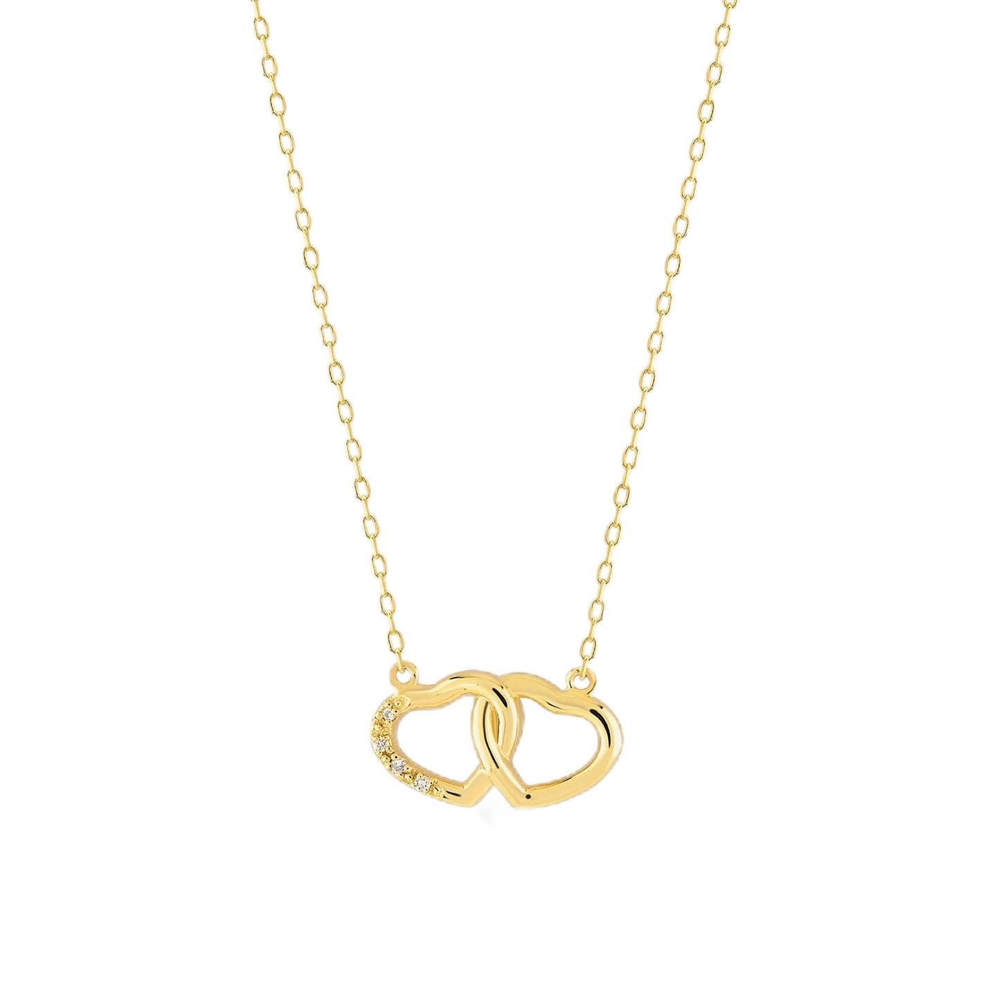 Diamond Heart Necklace | 14k Yellow Gold Interlocking Hearts Necklaces for Women | 14k Solid Gold Love Pendant Necklace | Delicate Heart Jewelry | Gifts for Anniversary, 18"