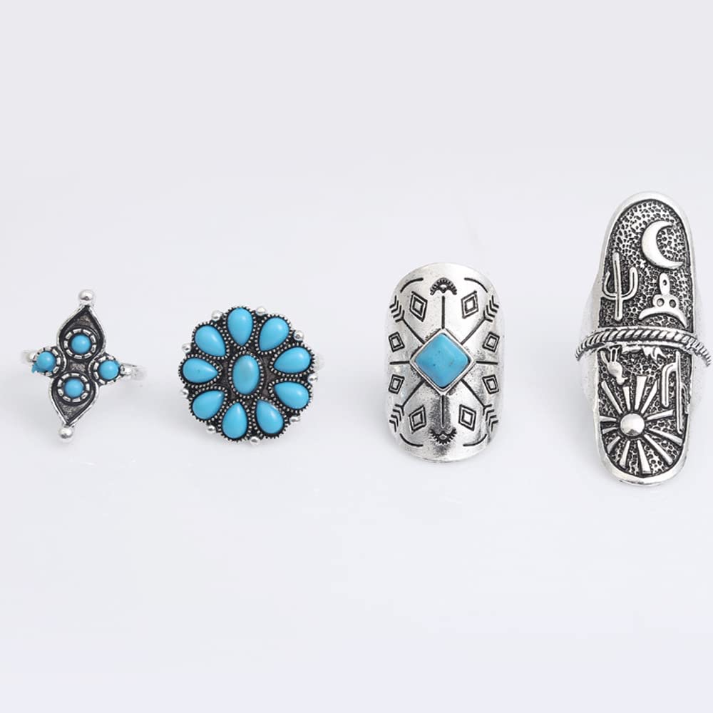 Octwine 9 Pcs Bohemian Knuckle Silver Rings Set Turquoise Finger Ring Flower Midi Vintage Rings Punk Leaf Index Ring for Women and Girls