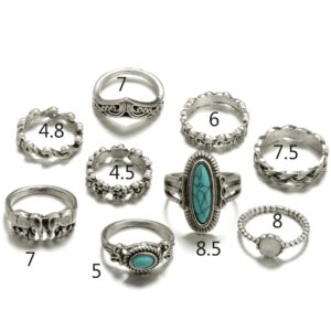 Octwine 9Pcs Bohemian Statement Knuckle Silver Rings Set Turquoise Finger Ring Elephant Midi Vintage Rings Punk Leaf Ring for Women