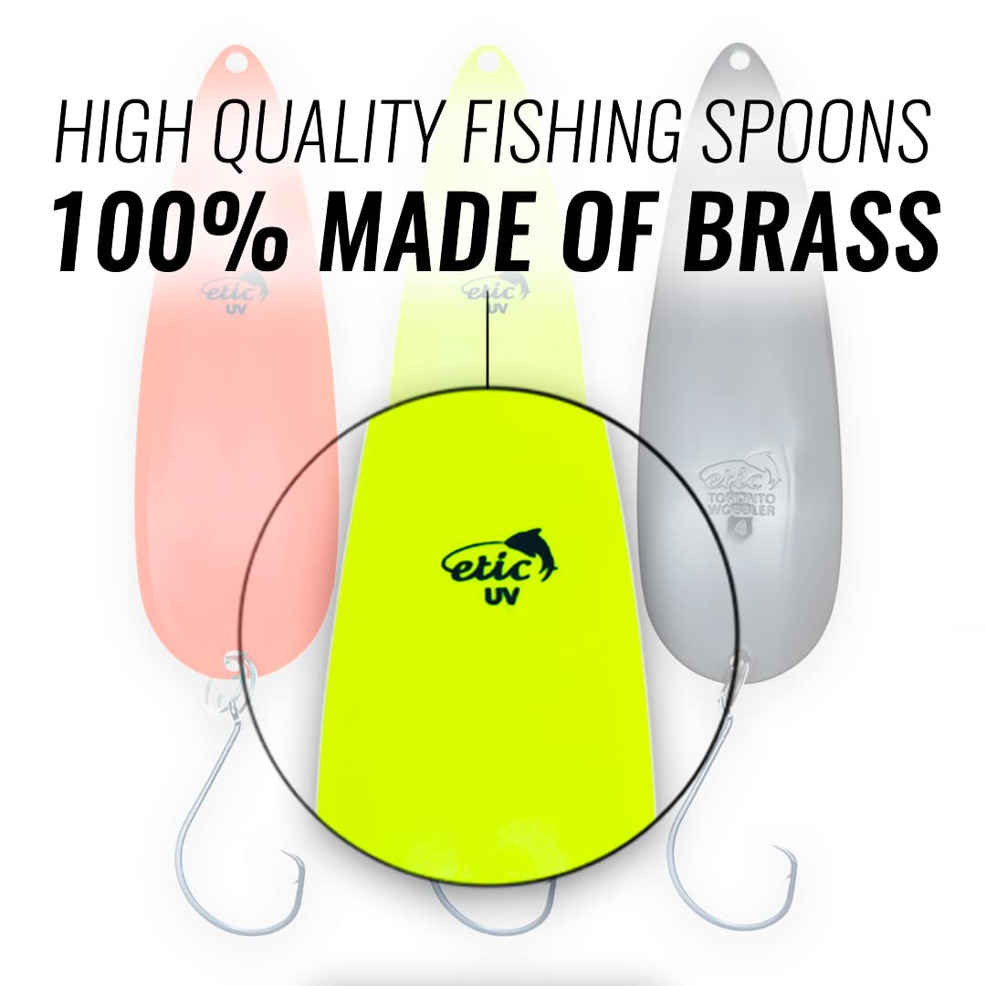 ETIC Toronto Wobbler 4", 3/4oz Fishing Spoons Kit 100% Made of Brass, 3 pcs Fishing Lures, Tackle, Hooks, Baits, Spinning, Casting, Trolling for Trout, Salmon, Pike, Walleye, Bass and Mores