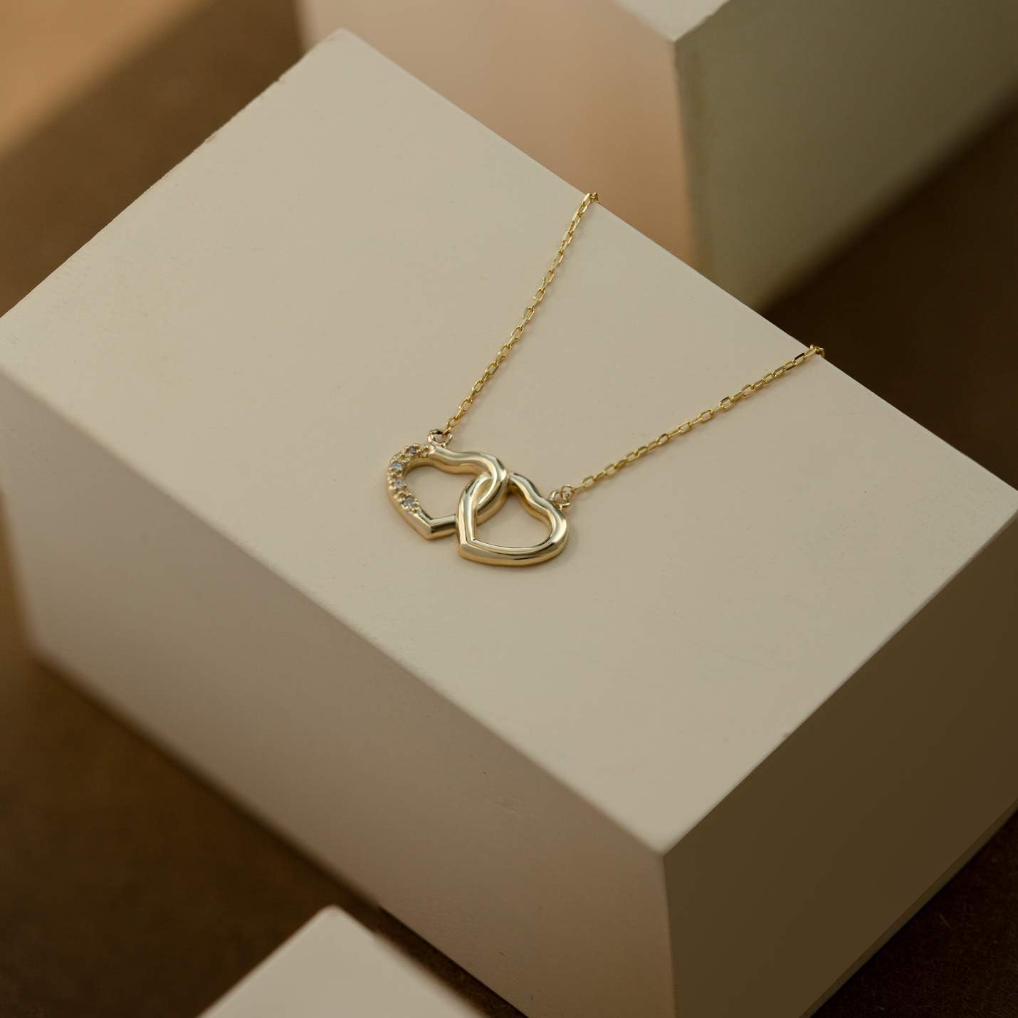 Diamond Heart Necklace | 14k Yellow Gold Interlocking Hearts Necklaces for Women | 14k Solid Gold Love Pendant Necklace | Delicate Heart Jewelry | Gifts for Anniversary, 18"