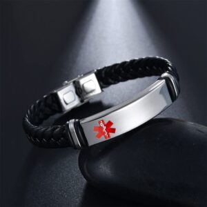 KBNSUIAN Personalized Medical NO MRI Bracelet for Women Men Braided Leather ID Bangle Disease Allergy Awareness Alert Wristband Customized Identification Jewelry for Emergency Life Saver with Aid Bag