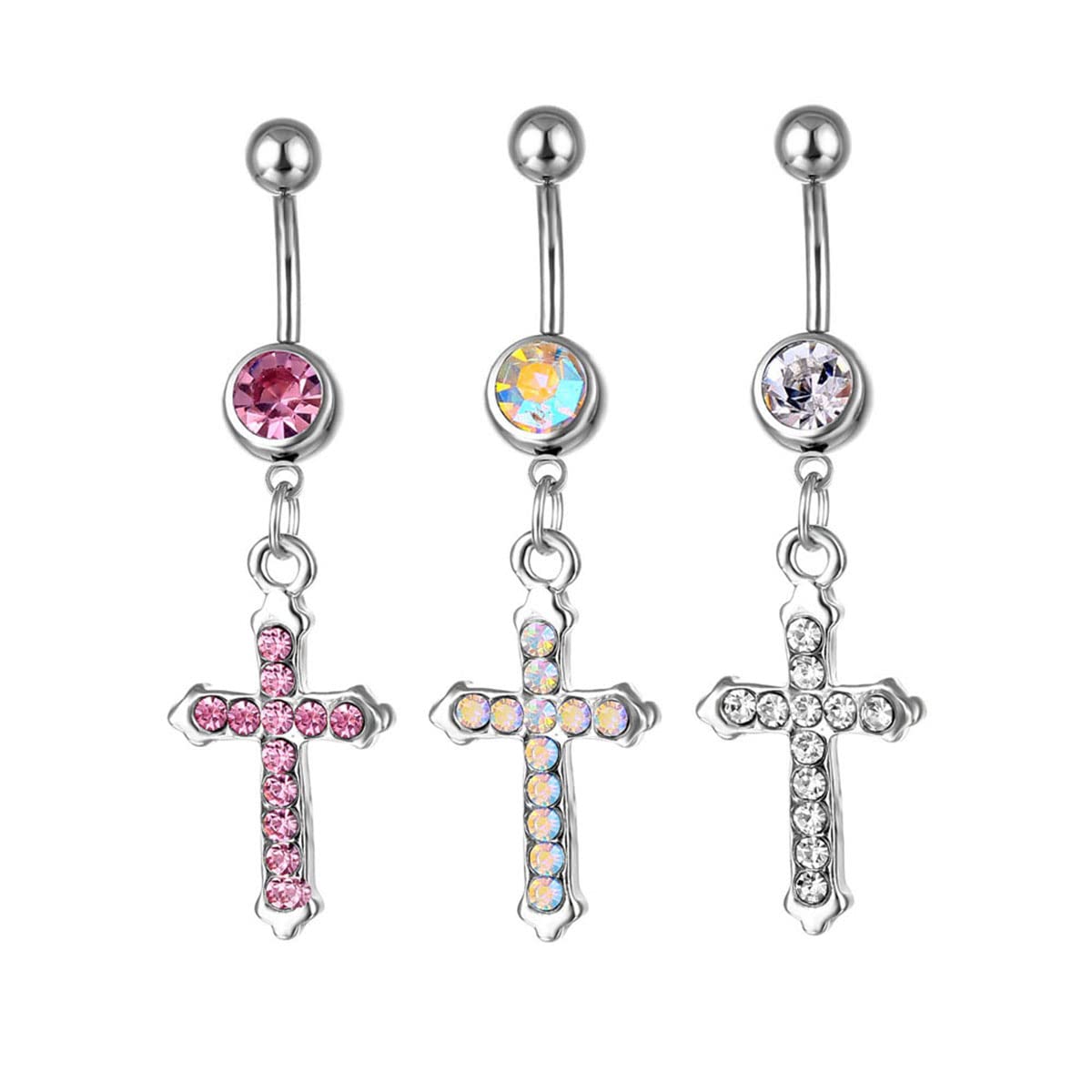 MIFYNN Crystal Cross Belly Button Ring For Women Rhinestone Cross Pendant Stainless Steel Belly Button Ring Body Piercing Jewelry (Pink)