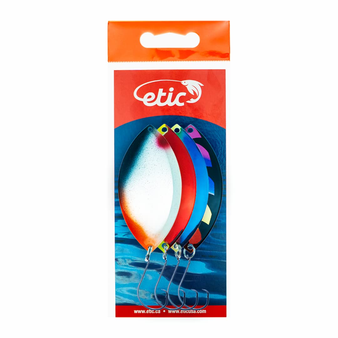 ETIC Clear Wobbler 3", ¼oz Fishing Spoons Kit 100% Made of Brass, 4pcs Fishing Lures, Tackle, Hooks, Baits, Spinning, Casting, Trolling for Trout, Salmon, Pike, Walleye, Bass and Mores