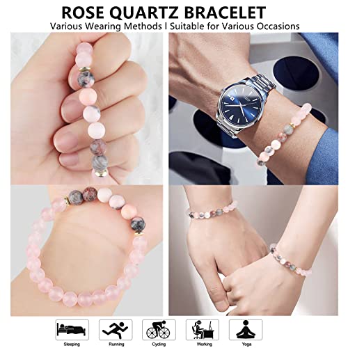 HOZEAL Rose Quartz Bracelet, Love Friendship Pink Crystal Stone Chakra Bracelet, Business Money Energy Wealth Good Luck Prosperity Feng Shui Beaded Bracelet for Men Women (B)