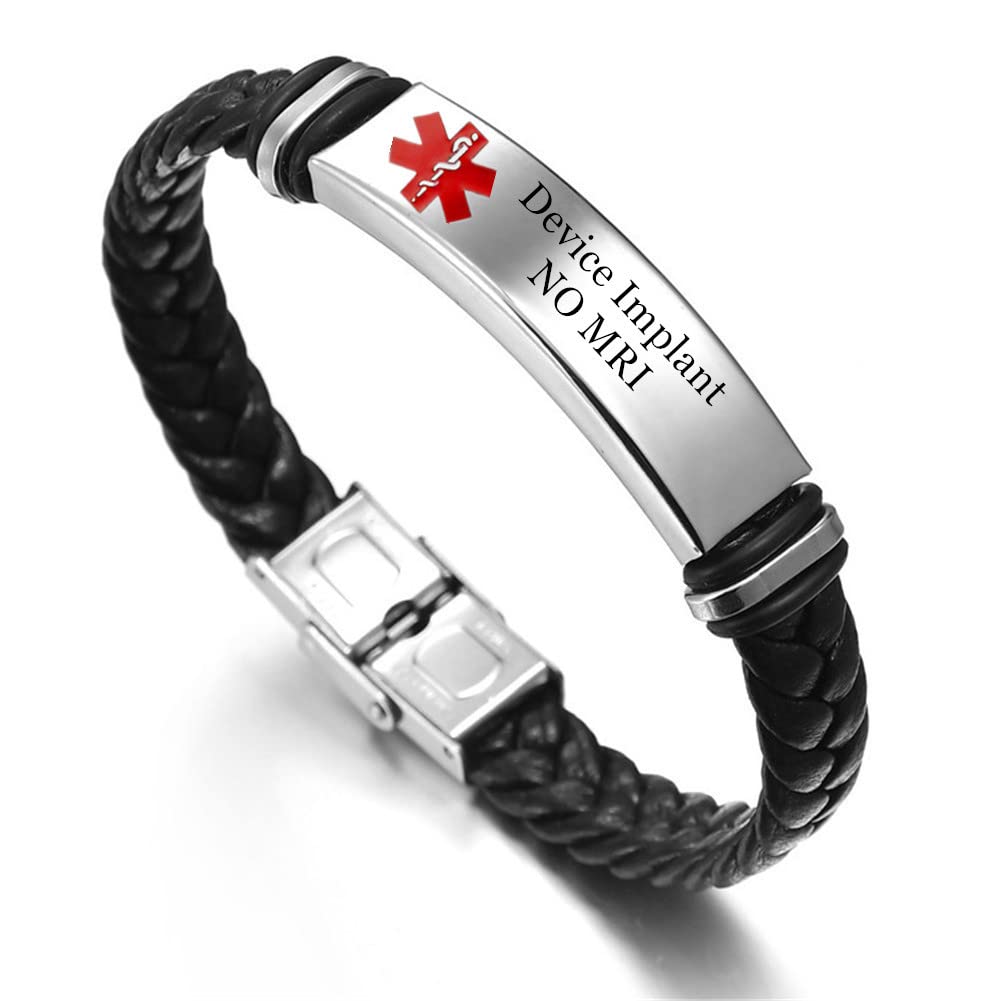 KBNSUIAN Personalized Medical NO MRI Bracelet for Women Men Braided Leather ID Bangle Disease Allergy Awareness Alert Wristband Customized Identification Jewelry for Emergency Life Saver with Aid Bag