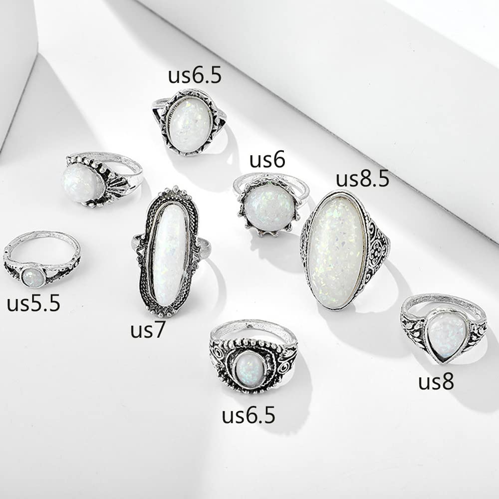 Octwine 8Pcs Silver Bohemian Statement Knuckle Rings Oval White Geometry Crystal Rhinestones Rings Stackable Rings Stacking Ring Jewelry for Women