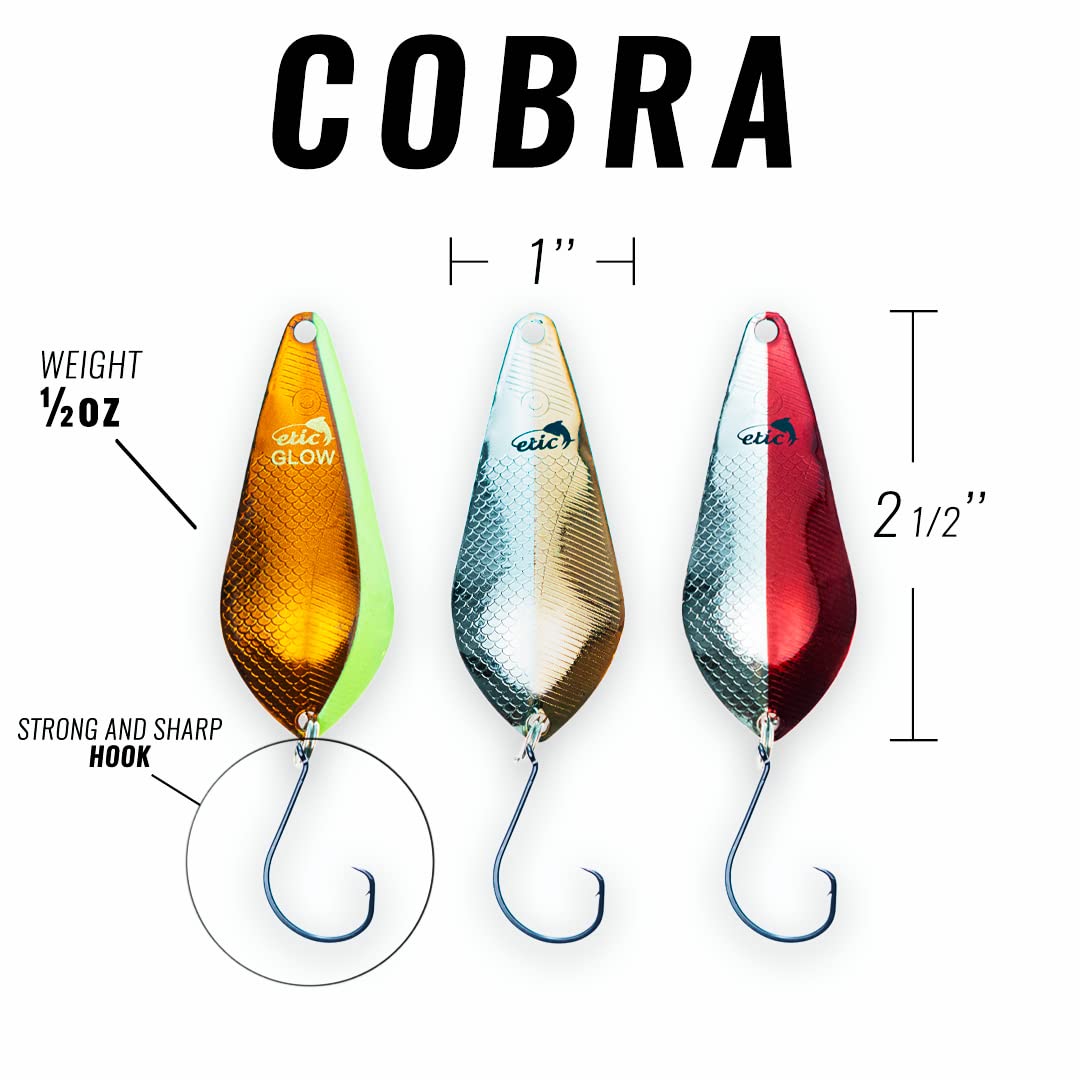 ETIC Cobra 2.5", ½oz Fishing Spoons Kit 100% Made of Brass, 3 pcs Fishing Lures, Tackle, Hooks, Baits, Spinning, Casting, Trolling for Trout, Salmon, Pike, Walleye, Bass and Mores