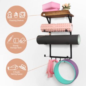 DOCMON Yoga Mat Holder Wall Mount,17" x 28" Yoga Mat Rack Home Gym Accessories, Storage for Foam Roller, with Wood Floating Shelves and 5 Hooks for Hanging Yoga Strap and Resistance Bands