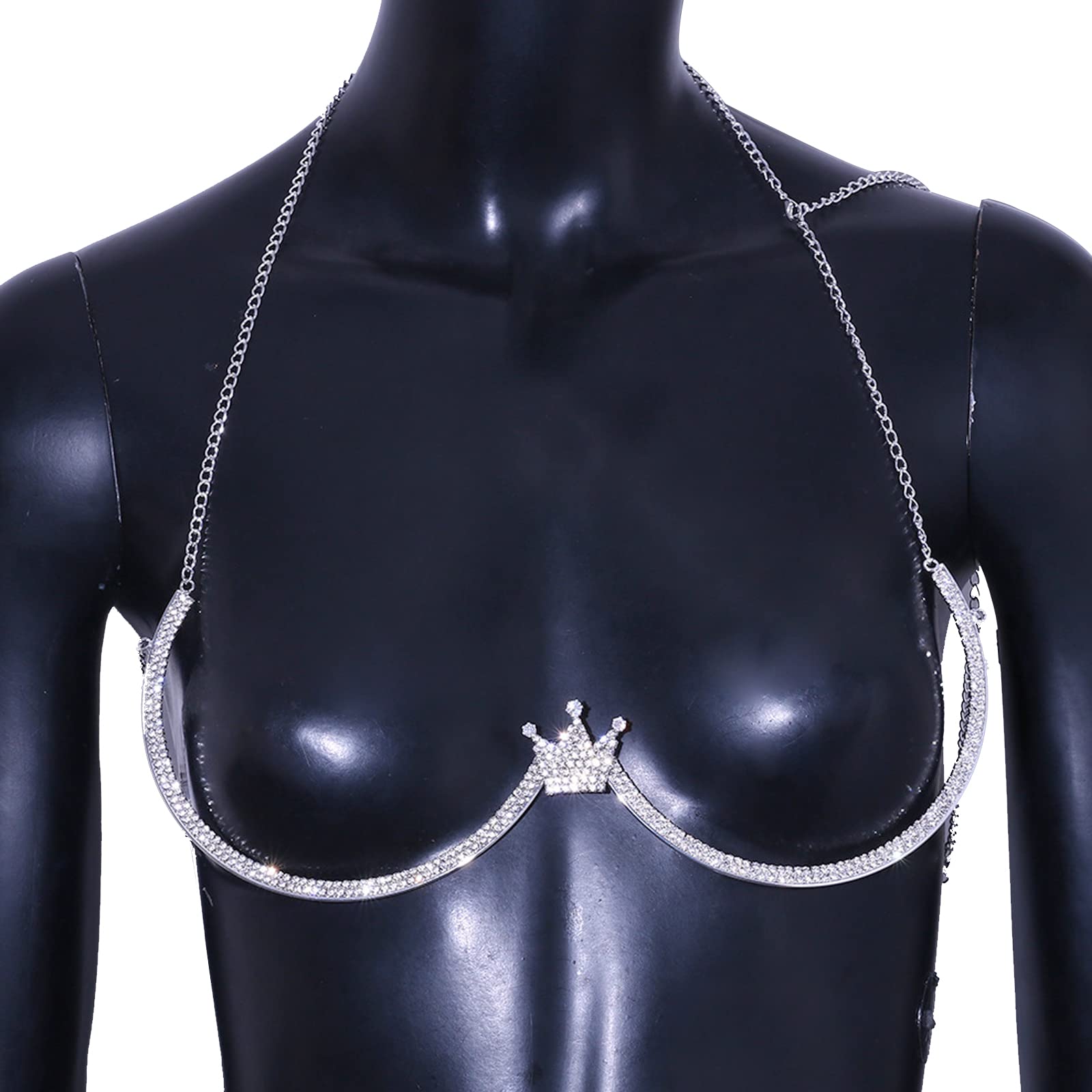 Rhinestone Crown Chest Bracket Body Jewelry Sexy Crystal Chest Bracket Rhinestone Bra Body Chain Bikini Chest Chain Waist Body Chain for Women (Silver)