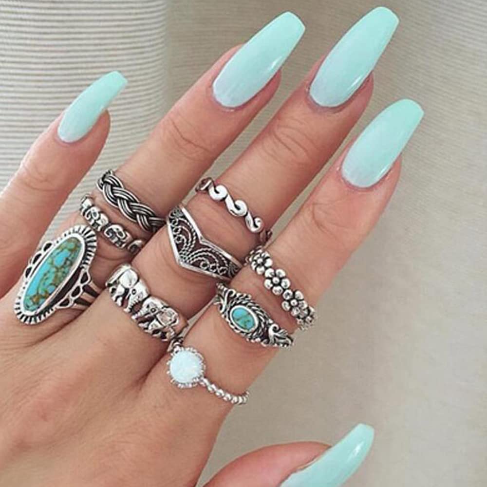 Octwine 9Pcs Bohemian Statement Knuckle Silver Rings Set Turquoise Finger Ring Elephant Midi Vintage Rings Punk Leaf Ring for Women