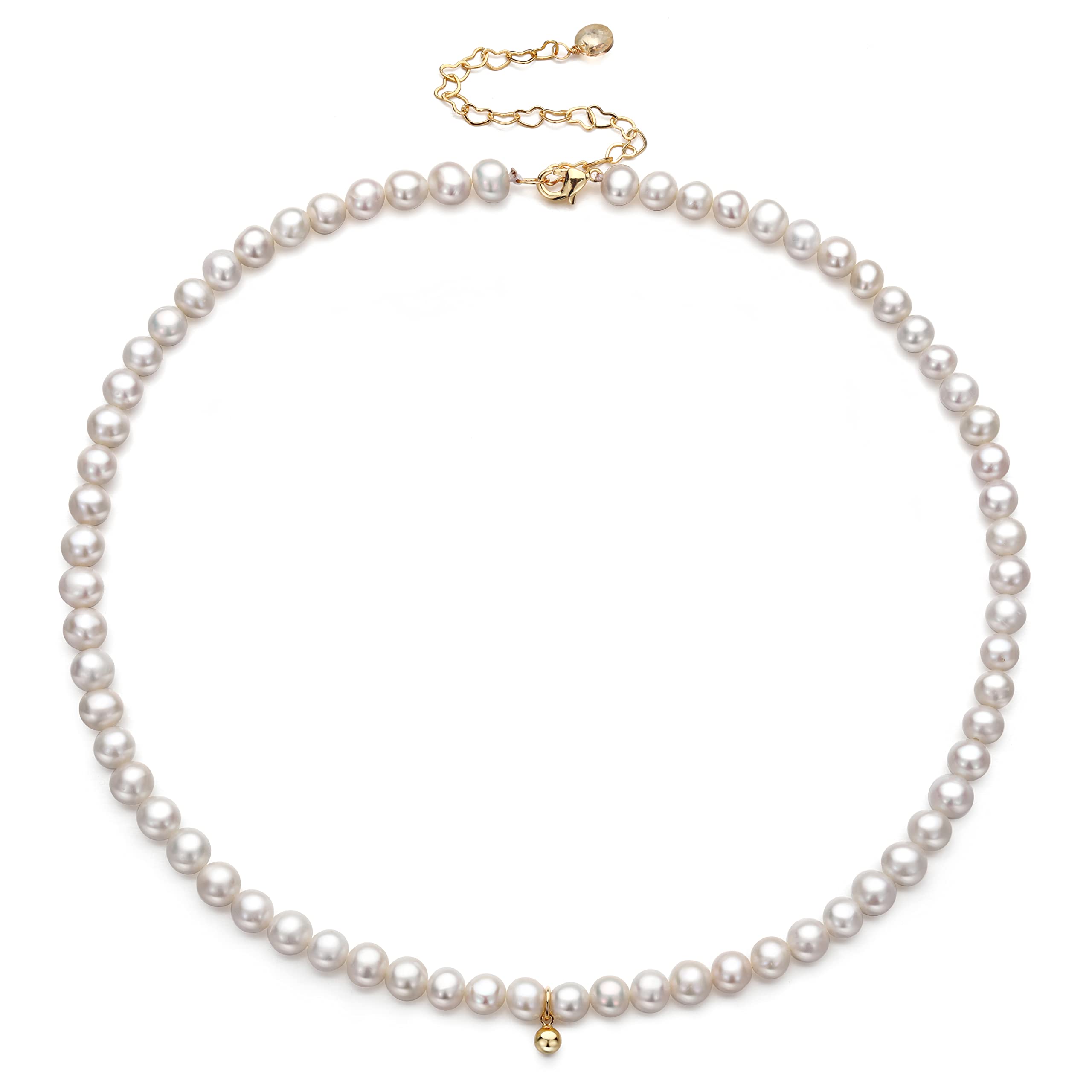 Round White Freshwater Pearl Necklace for Women Men Dainty Gold Pearl Choker Necklace with Charms Cultured Simple Pearl Drop Necklace Brides Jewelry-Gold Charm