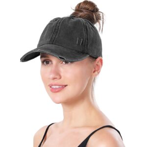 Women Criss Cross Ponytail Baseball Cap High Messy Buns Ponycaps Adjustable Distressed Dad Trucker Hat for Outdoor Sports Black