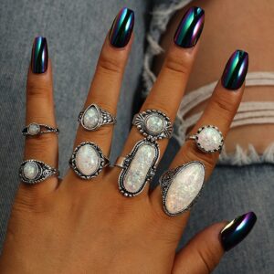 Octwine 8Pcs Silver Bohemian Statement Knuckle Rings Oval White Geometry Crystal Rhinestones Rings Stackable Rings Stacking Ring Jewelry for Women