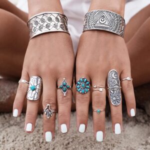 Octwine 9 Pcs Bohemian Knuckle Silver Rings Set Turquoise Finger Ring Flower Midi Vintage Rings Punk Leaf Index Ring for Women and Girls