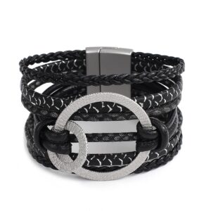 hotoo leather wrap bracelet for women black boho leather bracelet silver metal circle cuff bracelets layered handmade braided bangle bracelets for women bohemian jewelry with buckle