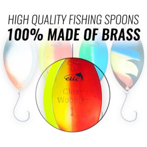 ETIC Clear Wobbler 3", ¼oz Fishing Spoons Kit 100% Made of Brass, 4pcs Fishing Lures, Tackle, Hooks, Baits, Spinning, Casting, Trolling for Trout, Salmon, Pike, Walleye, Bass and Mores