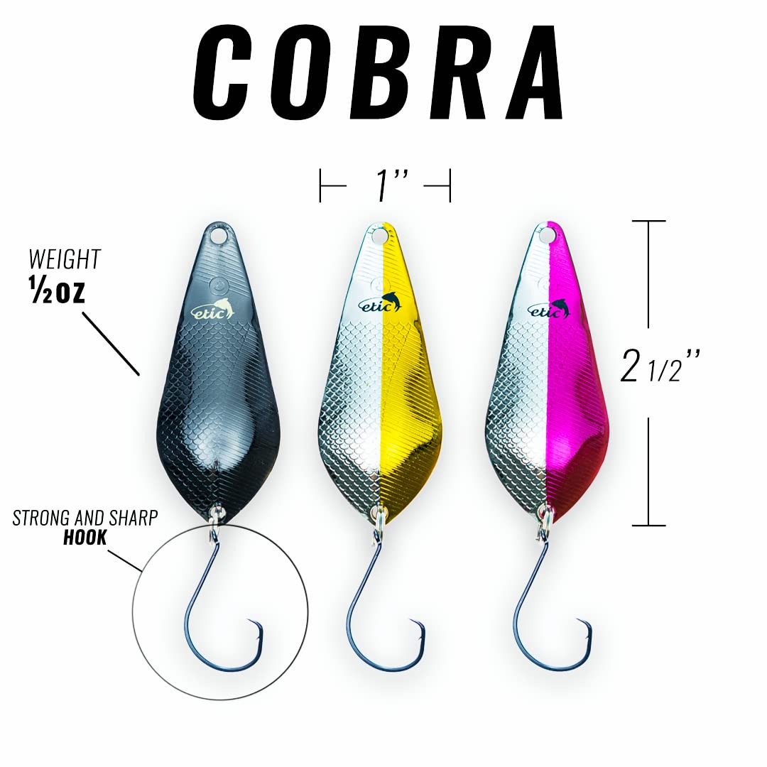 ETIC Cobra 2.5", ½oz Fishing Spoons Kit 100% Made of Brass, 3 pcs Fishing Lures, Tackle, Hooks, Baits, Spinning, Casting, Trolling for Trout, Salmon, Pike, Walleye, Bass and Mores