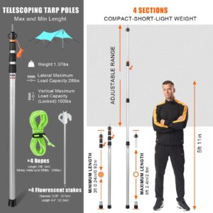 Telescoping Tarp Poles, CAMULAND Tent Poles for Tarp Camping Gear Accessories Stakes Hammock Rain Fly Adjustable Lightweight Aluminum Set of 34.5" - 110.2" Hiking, Awning/Outdoor with Carry Bag