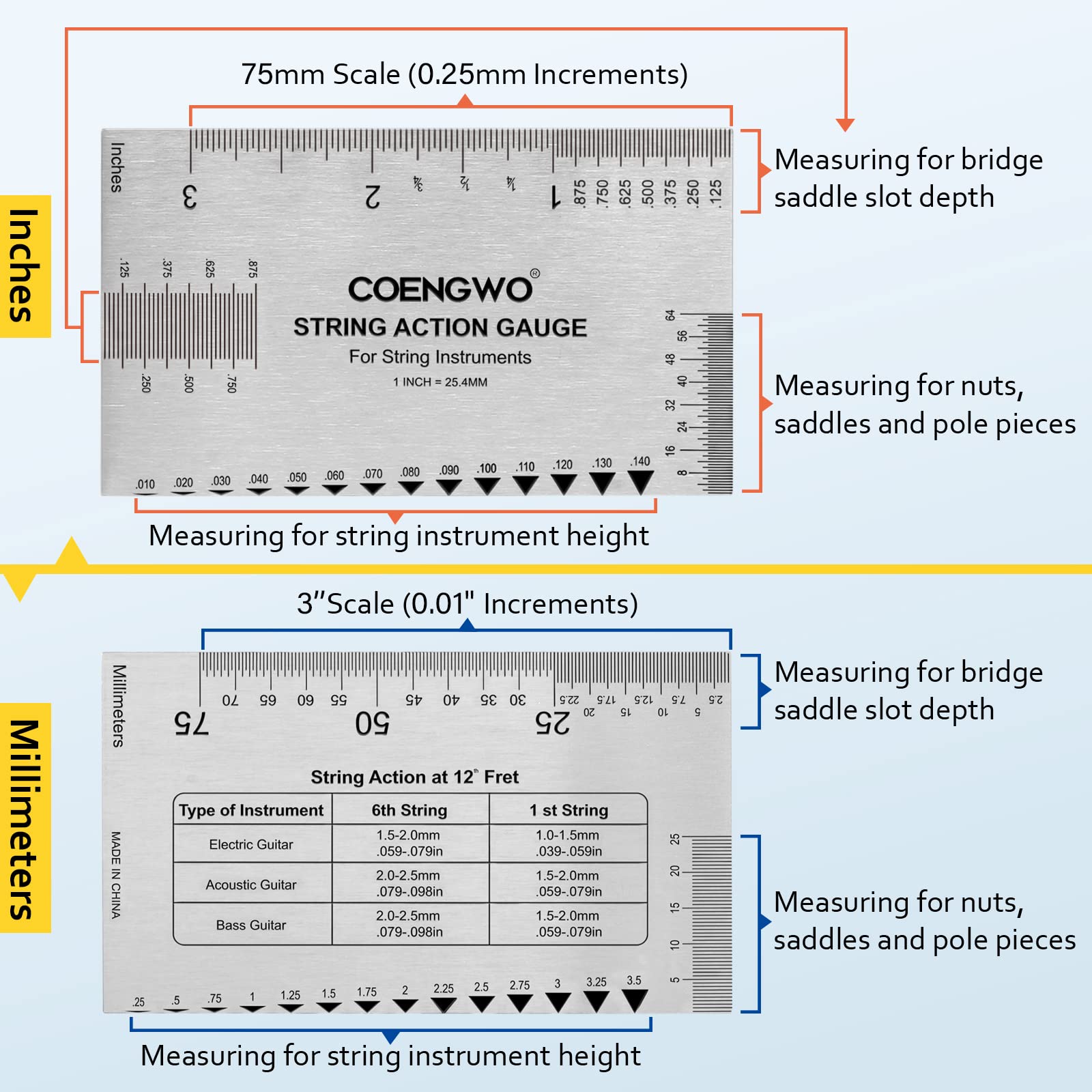 Guitar String Action Gauge, COENGWO String Height Gauge Ruler Guitar Setup Measuring Tool Kit for Guitar, Bass, Mandolin, Banjo