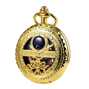 treeweto men's mechanical roman numerals dial sun and moon skeleton gold case pocket watches with box and chains for mens women