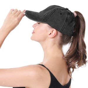 Women Criss Cross Ponytail Baseball Cap High Messy Buns Ponycaps Adjustable Distressed Dad Trucker Hat for Outdoor Sports Black