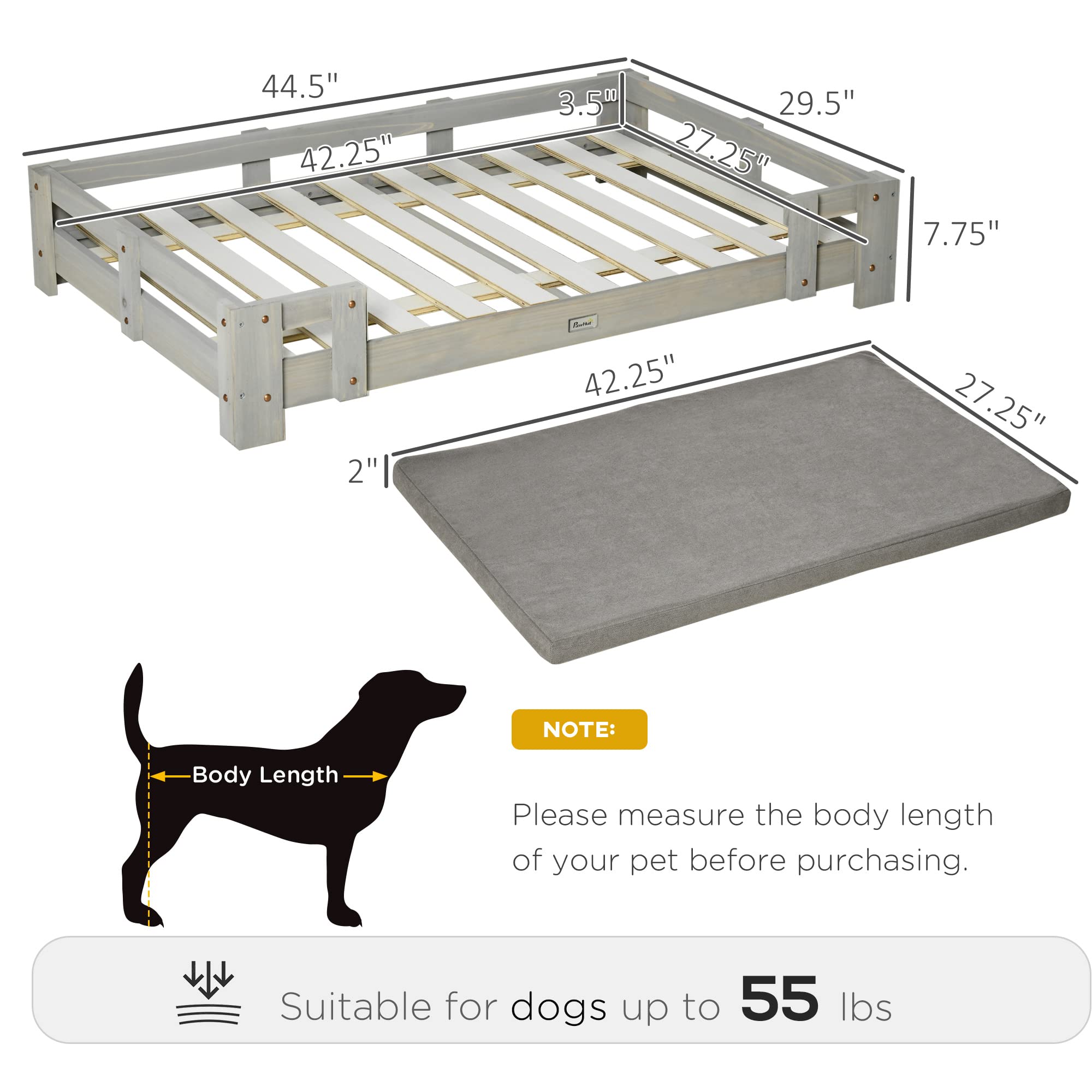 PawHut Large Dog Bed with Soft Foam Cushion, Wooden Dog Couch with Roomy Surface, Elevated, Slate Gray